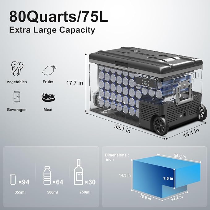 BODEGACOOLER 12 Volt Car Refrigerator,80 Quarts Portable Fridge,75L RV Freezer Single Zone,with APP