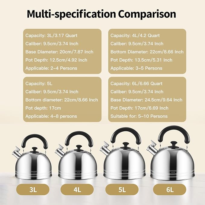 Tea Kettle, 5.7QT 6L Whistling Tea Kettle for Stove Top, 304 Stainless Steel Tea pot, Large Teapot