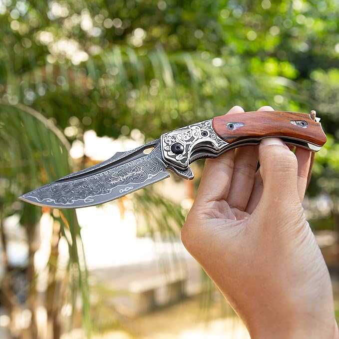 Handmade Japanese VG10 Damascus Steel Folding Knife,Rosewood Liner Lock Handle, Leather Sheath,EDC