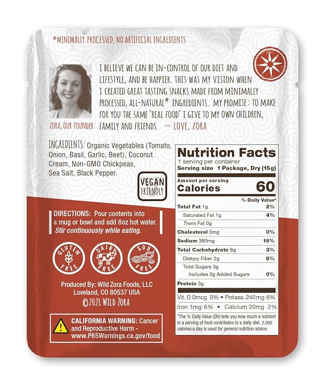 Wild Zora Instant Keto-Friendly Soups Tomato Basil 8-pack Broth Made with Chickpeas, Garlic, Onion