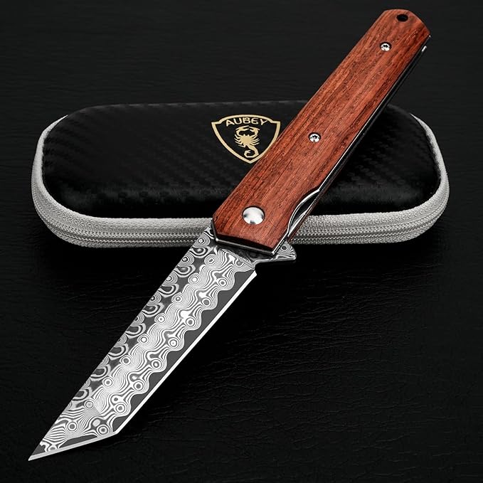 AUBEY Damascus Pocket Knife for Men, Sharp Tanto Blade with VG10 Core Folding Knives with Wooden