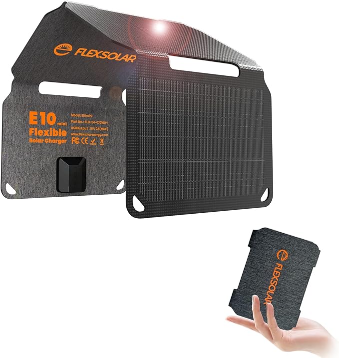 FlexSolar 10W Foldable Solar Chargers 5V USB Small Power Emergency Portable 4 Folds Panels IP67