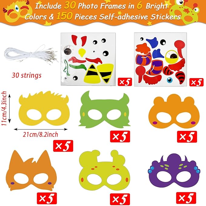 chiazllta 30 Packs Halloween Monster Masks Craft, Halloween Art Craft Kit DIY Paper Masks for Home