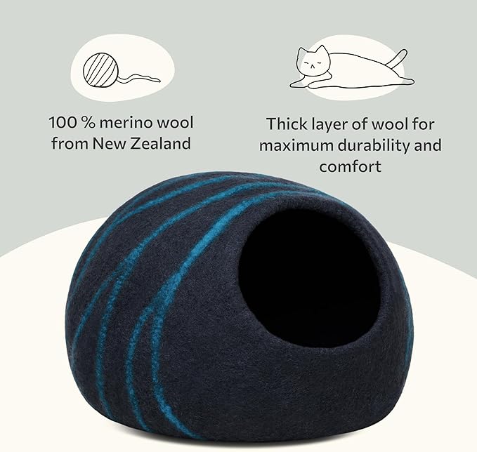 MEOWFIA Cat Cave ??Premium Felt Cat Bed for Indoor Cats, Handmade 100% Merino Wool (Large, Black