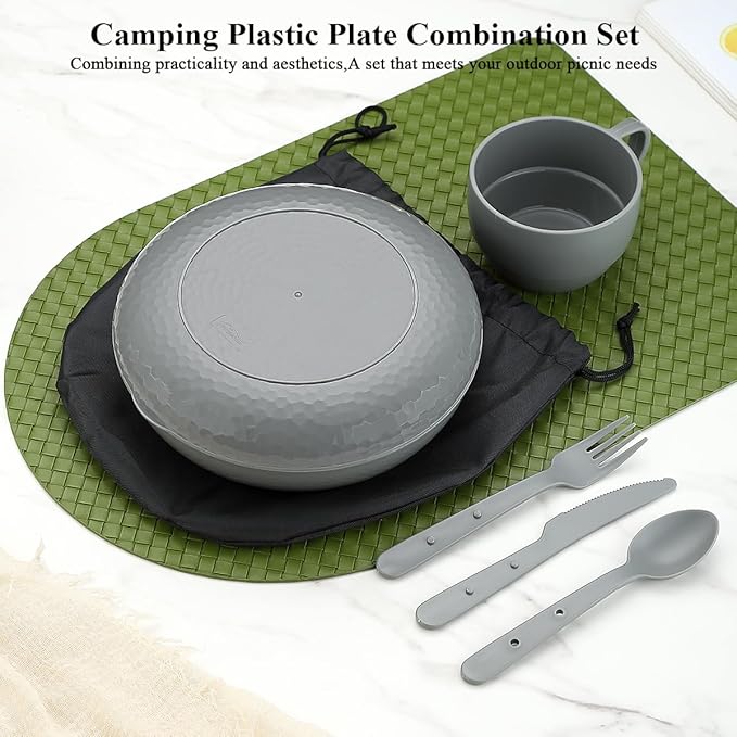 Berglander Camping Mess Kit with Bowl, Plate, Cup, Spoon, Fork, Knife and Carry Bag, Plastic