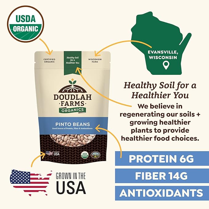 Organic Dried Pinto Beans 1 lb - Non-GMO, Tested Clean Certified, Vegan - Rich in Fiber & Protein