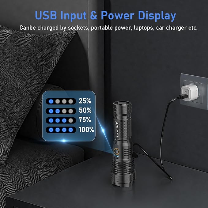 Goreit Flashlights LED High Lumens Rechargeable, 2000 Lumens XHP70.2 Super Bright Flashlight, Flash