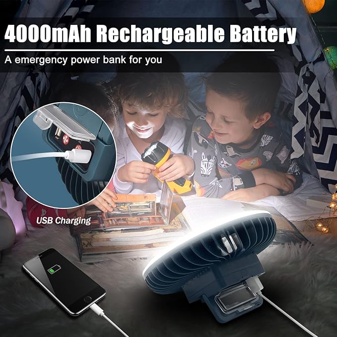 Portable Camping Fan with LED Lantern XTAUTO USB Rechargeable Waterproof Tent Fan with Hanging Hook