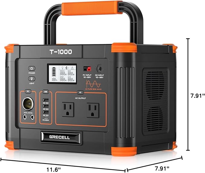 GRECELL 999Wh Solar Generator 1000W, Portable Power Station with 60W USB-C PD Output, 110V Pure