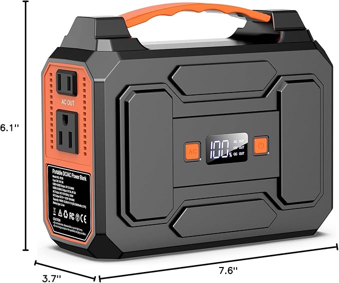 Portable Power Station Bank 146Wh 200W Peak(100W Rated), Solar Powered Power Bank with AC Outlet