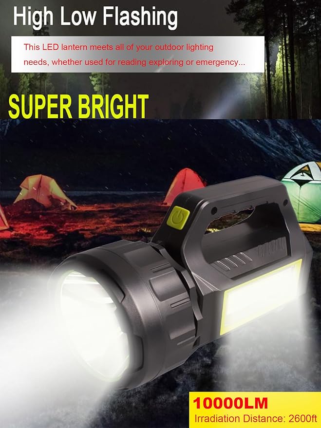 LED Searchlight LED Lantern, Solar Rechargeable Super Bright 10000LM Handheld LEDs Spotlight