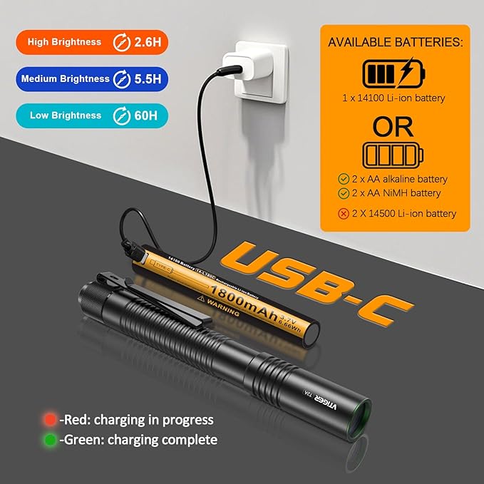 VTIGER T2A Compact EDC Flashlight,1500 High Lumens AA Rechargeable LED Flashlight, Super Bright