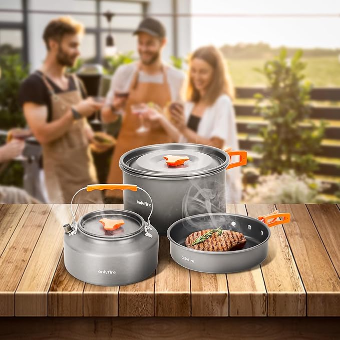 Onlyfire 14pcs Camping Cookware Mess Kit, Non-Stick Lightweight Pot Pan Kettle Set with Plates