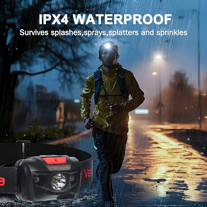 Vekkia LED Headlamp Rechargeable - 5 Lighting Modes,White & Red LEDs Head Lamp, Camping Accessories
