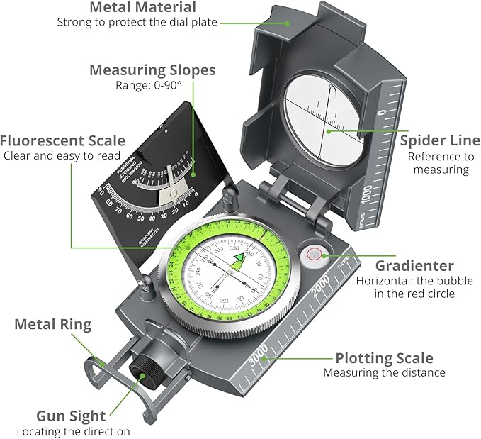 Proster IP65 Compass Hiking Survival - Lensatic Sighting Compass for Camping Navigation, Compass