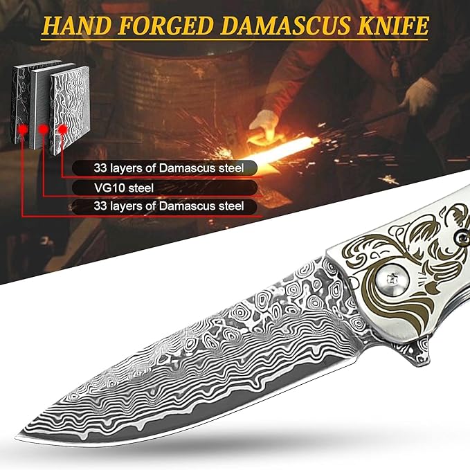 AUBEY EDC Damascus Pocket Knife with Leather Sheath, Abalone Shells Handle, Handmade Damascus Steel