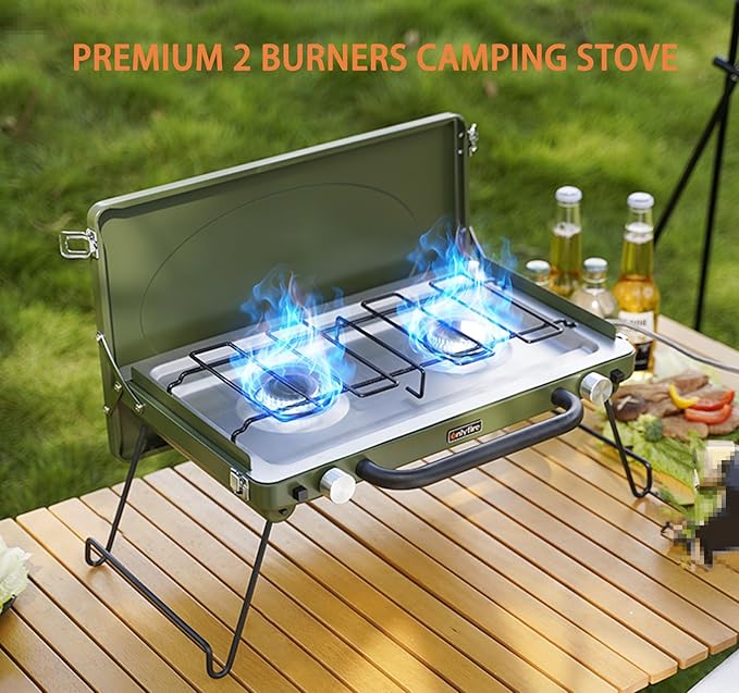 ONLYFIRE Portable Camping Stove 2-Burner, Propane Camp Stove with Foldable Legs, Camping Grill