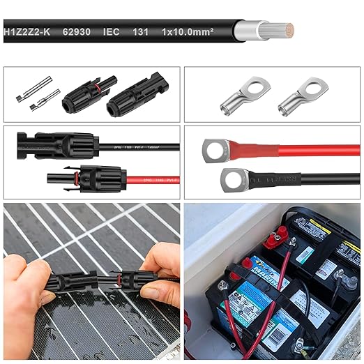 Solar Panel Wire - 50FT Black Tinned Copper Wire, 8AWG (10mm²) PV Wire Solar Extension Cable for