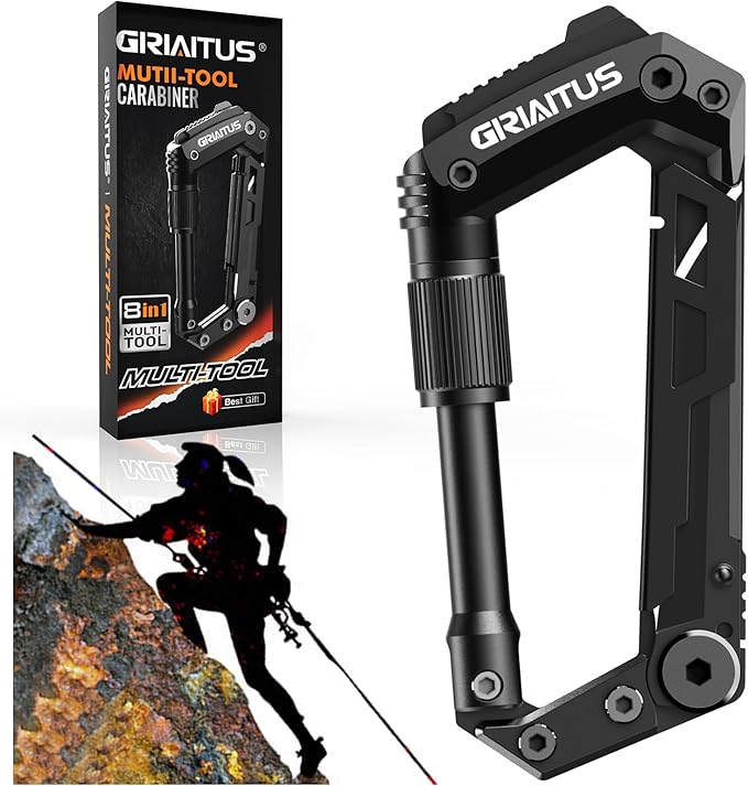 Carabiner Multitool 8-in-1 EDC Carabiners Pocket Knife, Serrated Knife, Rope Cutter, Screwdriver
