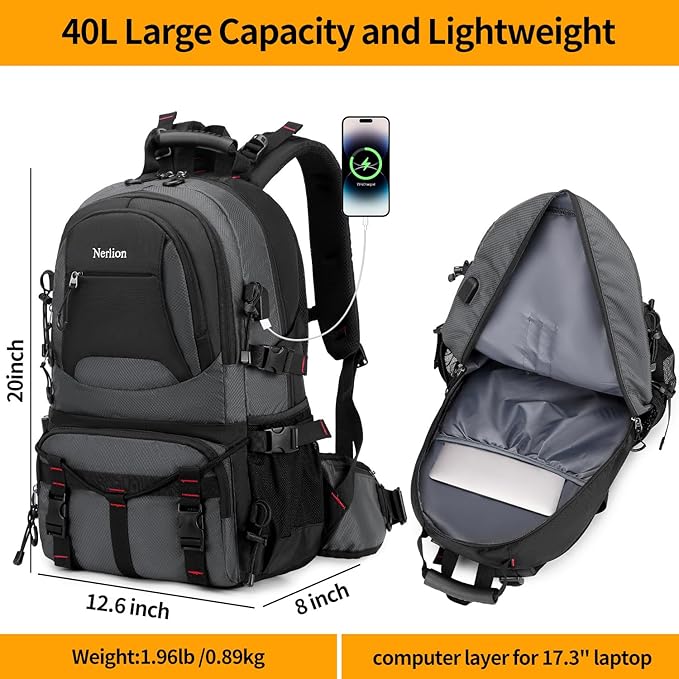 Nerlion 40L Hiking Backpack Travel Backpack for Men Women Camping Waterproof Outdoor Hiking Daypack