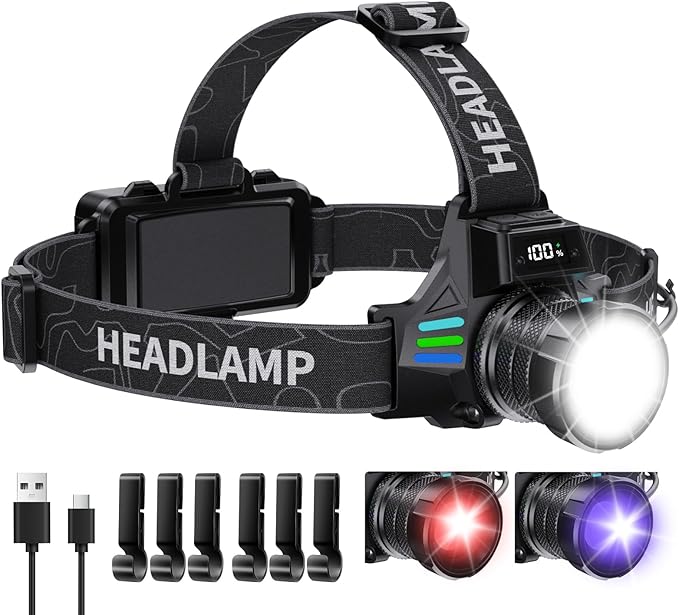 High Lumens Headlamp Rechargeable 1080 with White/Red/UV/Black Light Headlight,Super Bright LED