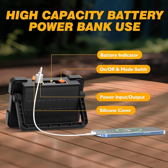 120W Solar Rechargeable Work Light, 144 LED 10000LM Led Work Light with 4 Modes, Portable Flood