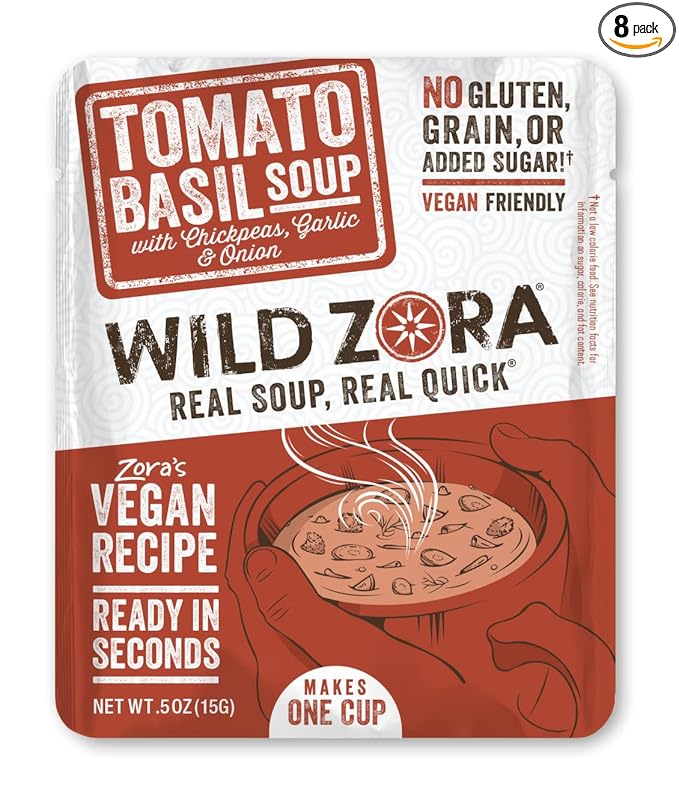 Wild Zora Instant Keto-Friendly Soups Tomato Basil 8-pack Broth Made with Chickpeas, Garlic, Onion