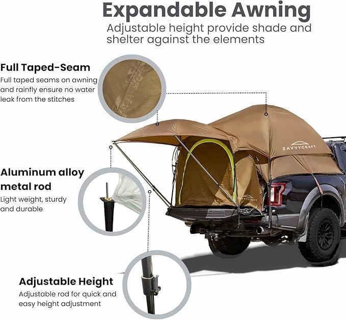 Savvycraft Pickup Truck Tent for Full Size and Mid Size Truck Short Bed and Long Bed, Waterproof