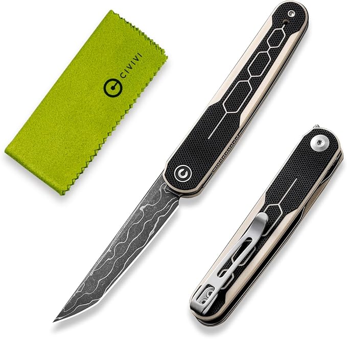 CIVIVI KwaiQ Pocket Knife, Folding Knife with Inline Flipper for EDC, 2.97" Damascus Tanto Blade