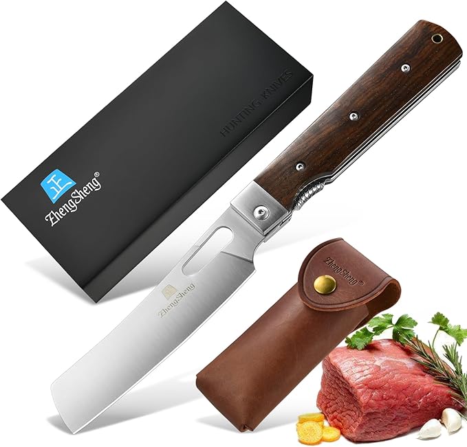 Folding Chef Knife with Leather Pouch 4.8" Sharp 440A Stainless Steel Blade Wooden Handle Pocket