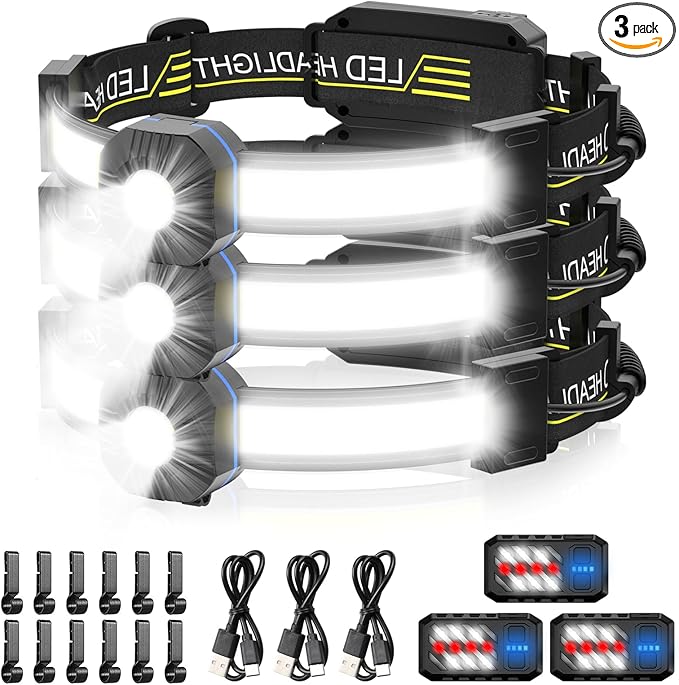 LED Headlamp, 1000lumens 230° Widebeam Headlight 3Packs, USB Rechargeable HeadLamp with Red