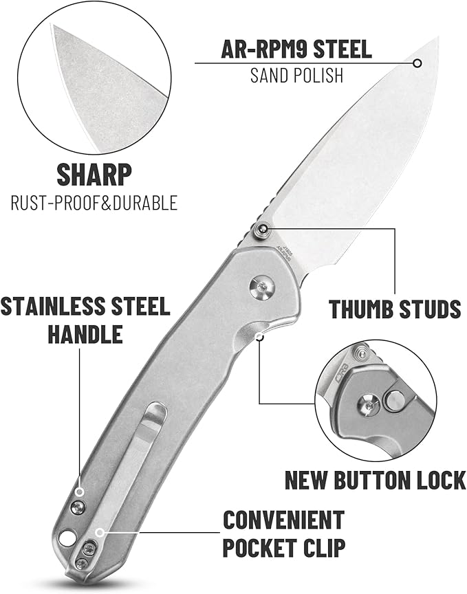 CJRB Folding Knife Pyrite (J1925) AR-RPM9 Balde and Stainless Steel Handle Button Lock EDC Pocket