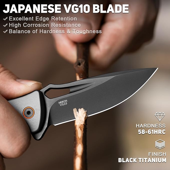 NedFoss Heron Pocket Knife for Men, 2.95" Japanese VG10 Steel Blade Button Lock EDC Knife with