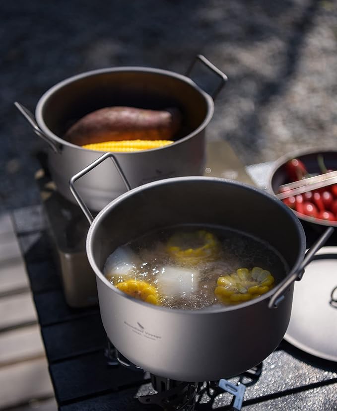 iBasnigo 2.2L Titanium Pot with Steamer Lightweight Portable Cookware Set for Camping Hiking