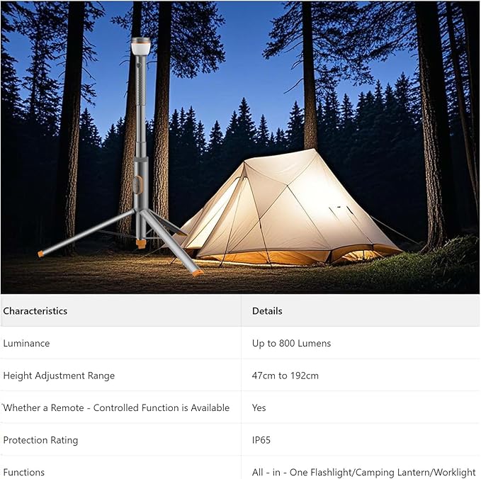 Telescopic Collapsible Camping Light - 800 Lumens, IP65 Waterproof, Remote Control, Magnetic Base