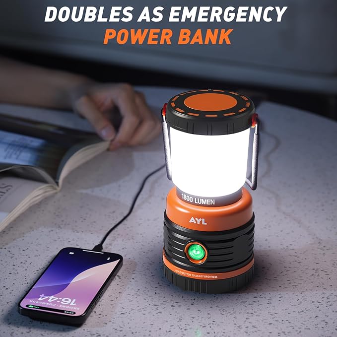 LED Camping Lantern Rechargeable, 1800LM, 4 Light Modes, 4400mAh Power Bank, IP44 Waterproof