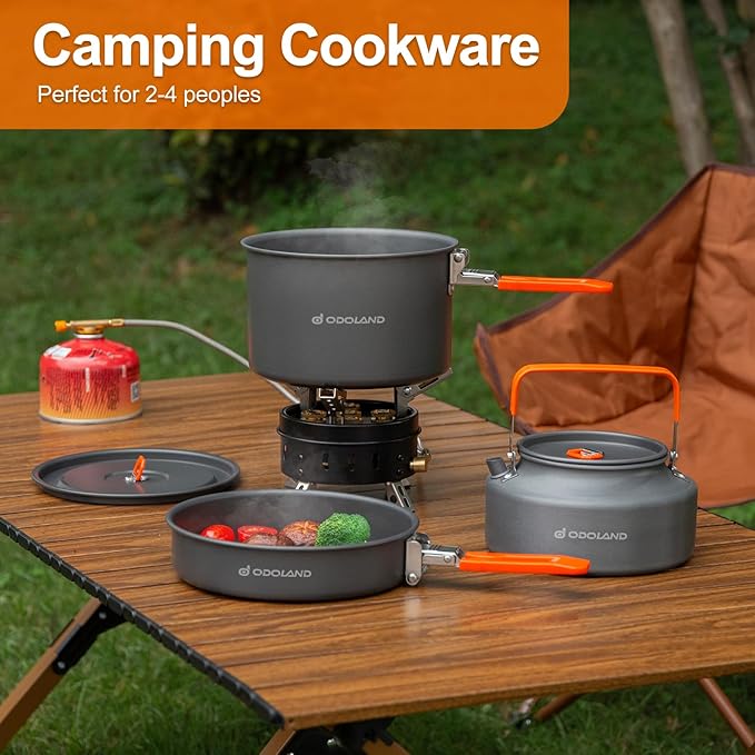 Odoland Camping Cookware Mess Kit, Camping Cooking Pot Fry Pan and 1.1L Kettle Set, Portable