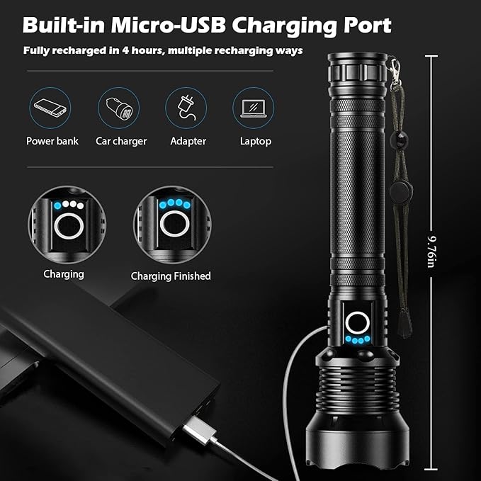 Rechargeable Flashlights 90,000 Lumens, Super Bright LED Flashlight High Lumens with USB Cable, 5