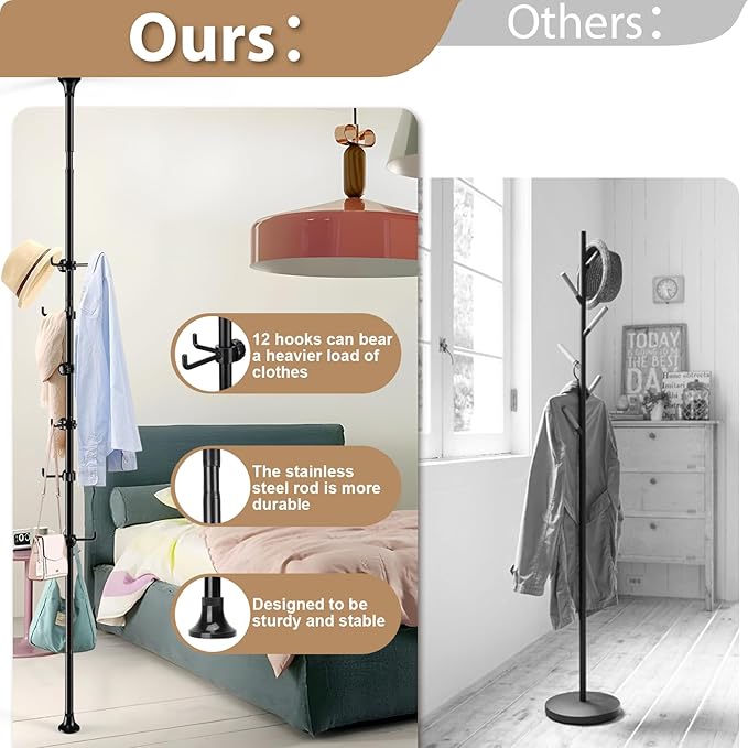 Coat Rack Freestanding, 56 to 125 inch Adjustable Tension Rod Hanger with 12 Hooks for Hanging