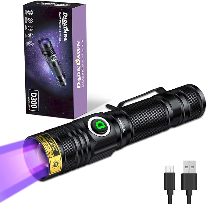 DARKDAWN UV 395nm Light Flashlight USB Rechargeable Ultraviolet LED Woods Lamp Portable Blacklight