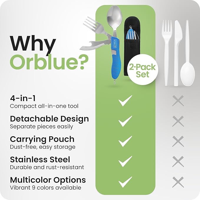 Orblue 4-in-1 Camping Eating Utensils, 2-Pack - Portable Spoon, Fork, Knife & Bottle Opener Combo