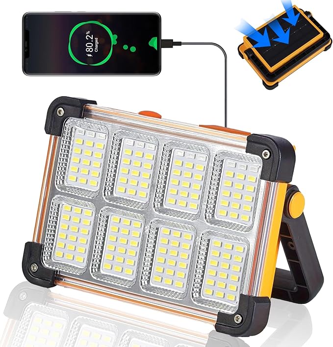 120W Solar Rechargeable Work Light, 144 LED 10000LM Portable Flood Light with Stand, IP66