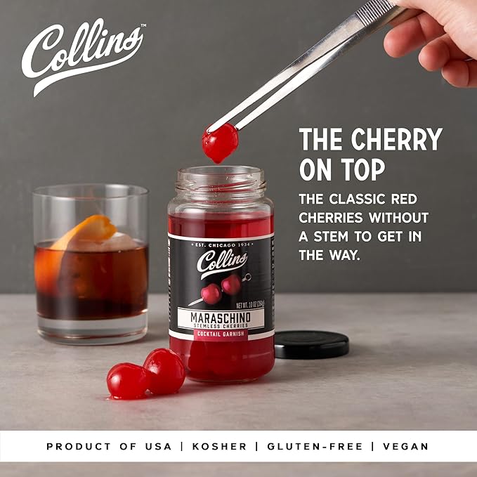 Collins Stemless Maraschino Cherries, Garnish for Cocktails, Desserts, Manhattans, and Old