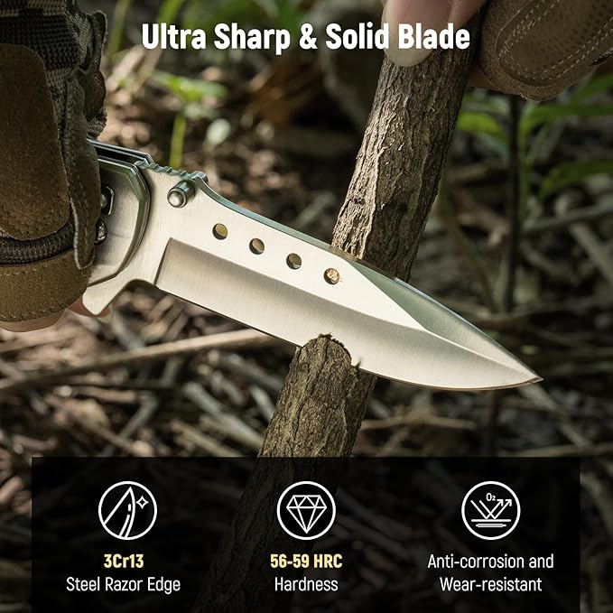 Folding Pocket Knife - 3.46" Sharp Blade Olive Wood Handle Pocket Knives with Clip, Glass Breaker