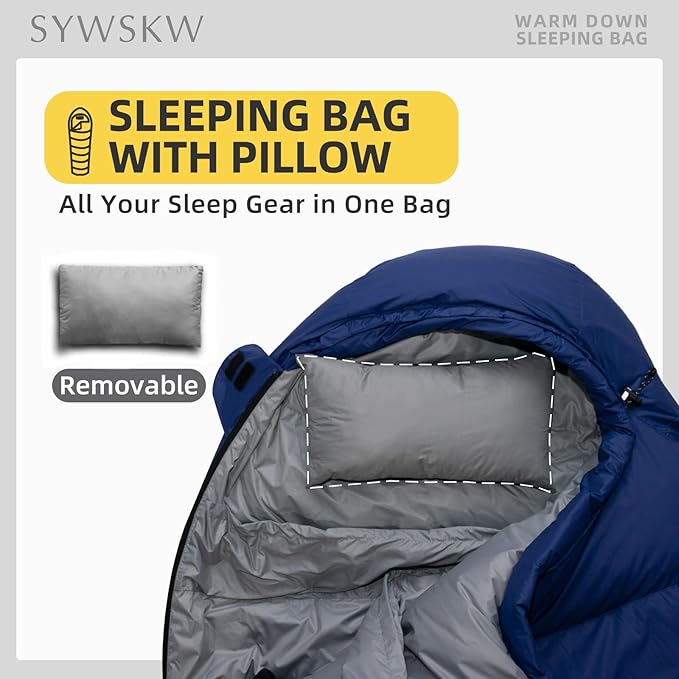Down Sleeping Bag with Pillow, Lightweight Wide Sleeping Bag (86.6 in x 33.5 in) for Adults