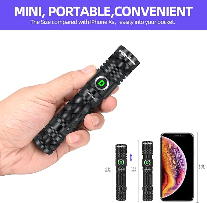 DARKDAWN UV 365nm Light Flashlight USB Rechargeable Ultraviolet LED Woods Lamp Portable Blacklight