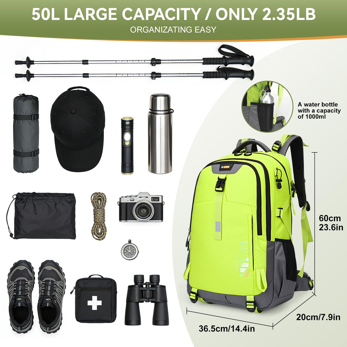 Super Eager Hiking Backpack - 50L, Waterproof, Green - product view 2
