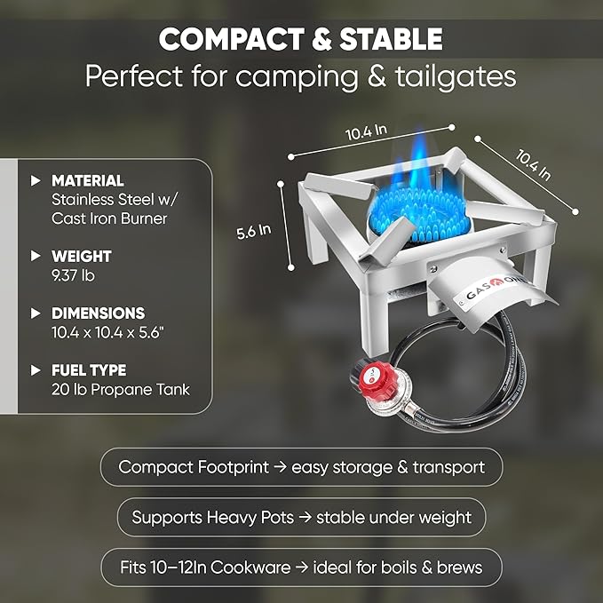 GasOne Stainless Steel Single Propane Burner - Outdoor Cooking with Heat Shield and Guard ??Propane