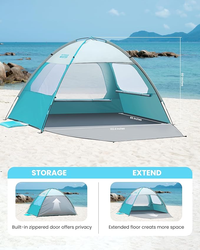 OutdoorMaster Beach Tent for 3/4 Person - Easy Setup Sun Shade Shelter, Portable Beach Shade Sun