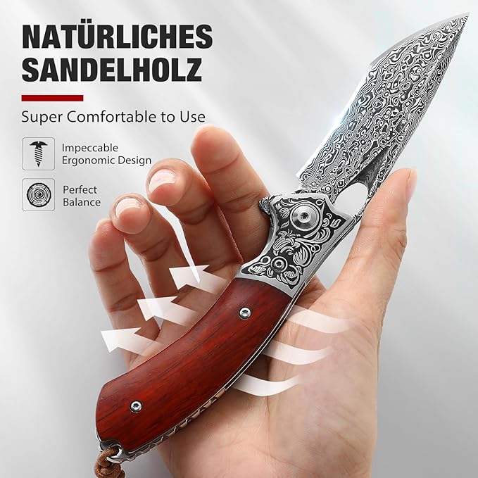 Damascus Steel Folding Pocket Knife with VG10 Core, Wooden Handle & Leather Sheath, Outdoor Knife